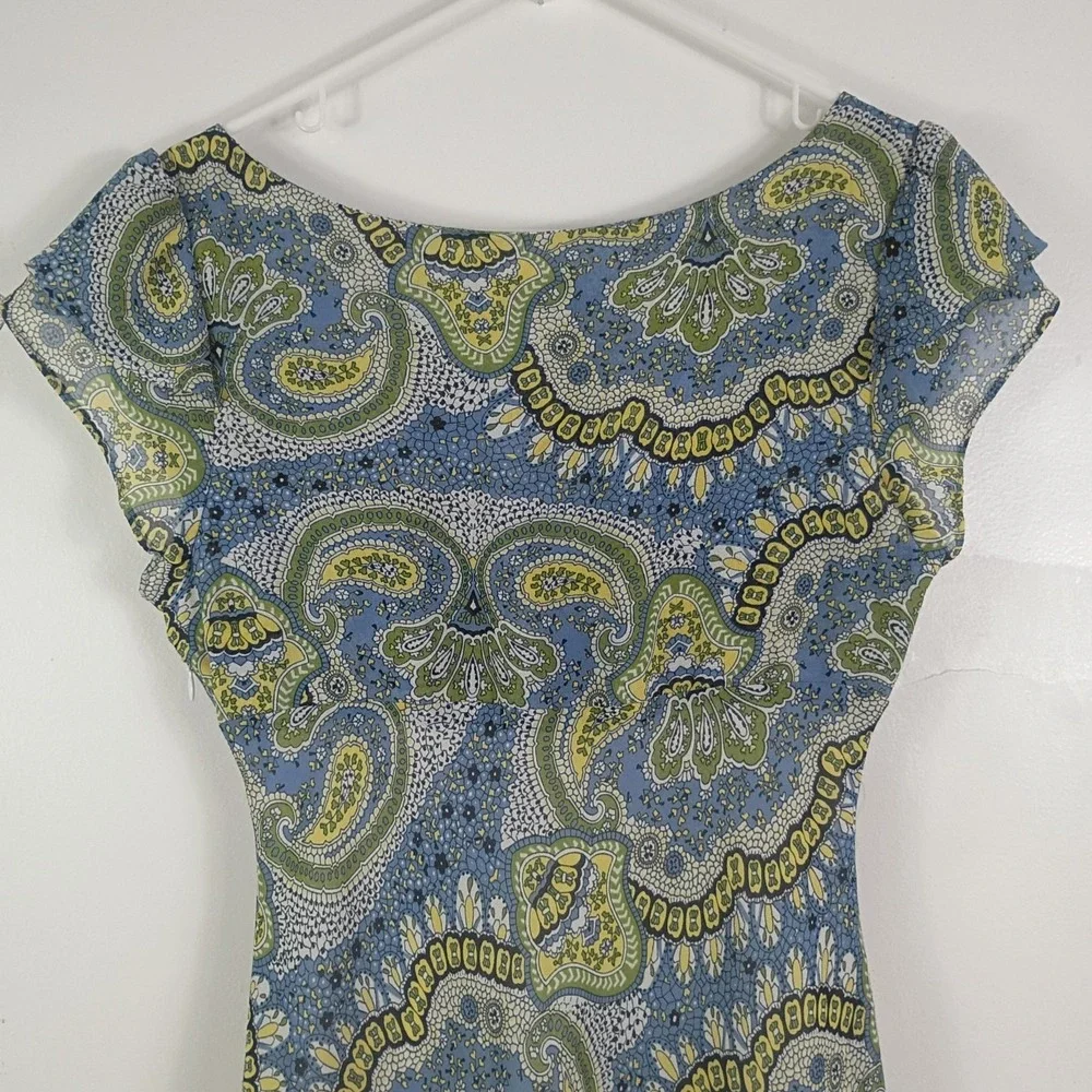 BCBG MAXAZRIA Women's Vintage Paisley Dress Size 8 Green Blue Sheer Y2K Chiffon